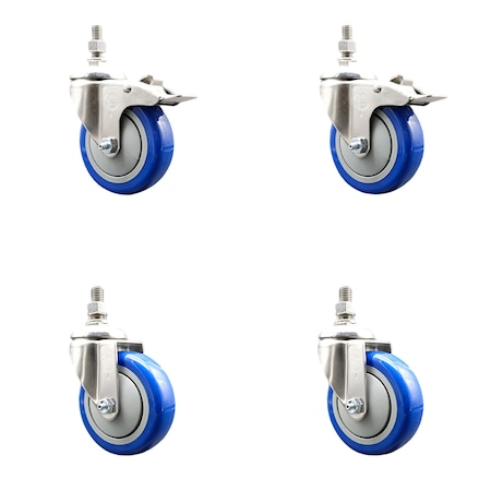 Service Caster 4 Inch 316SS Blue Polyurethane 12mm Threaded Stem Caster Lock Brake, 2PK SS316TSTTL20S414-PPUB-BLUE-M1215-2S2